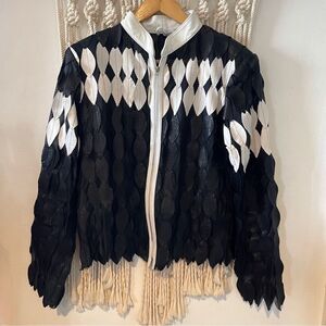 Black & White Leather Leaf Jacket SZ SM - Statement Harlequin Design Artsy Rock